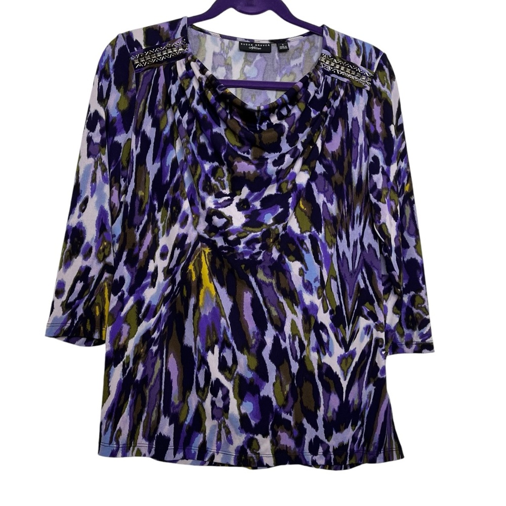 Susan Graver Artisan Liquid Knit Animal Print Top 3/4 Sleeve Purple Green Small